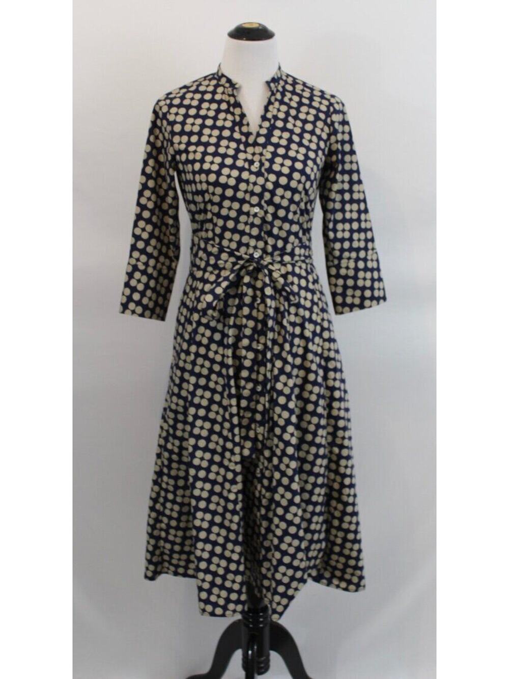 R DERWIN Litchfield Sz 40 S 4 Blue Beige Polka Dot Belted Shirt Dress